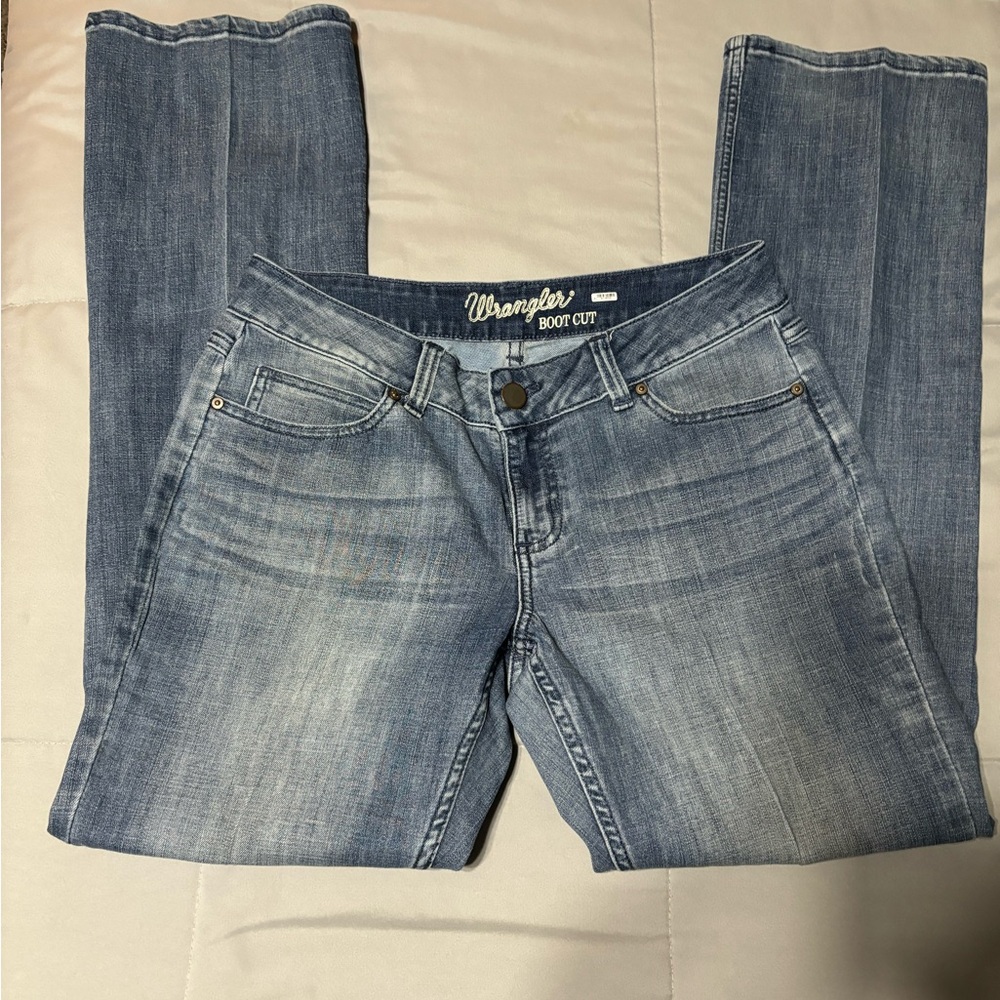 Wrangler Blue Boot Cut Jeans with Classic Distressed Look - Picture 3 of 6
